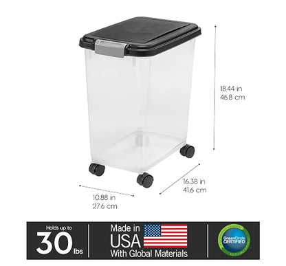 IRIS USA Contenedor Hermético WeatherPro, hasta 13.6 Kg, con ruedas, Ideal para perros, gatos y aves, Mantiene la frescura, translúcido y libre de BPA, Negro