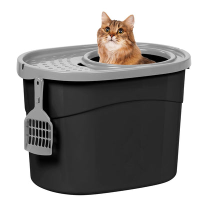 IRIS USA Caja de Arena Gato Entrada Superior, Cubierta, Pala, Negro/Gris | Ideal para gatos de interior, entrada superior, caja con tapa, interior espacioso y diseño resistente para mascotas