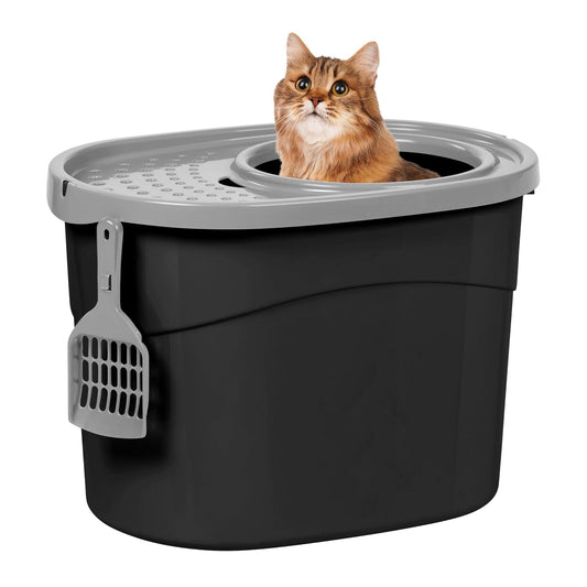 IRIS USA Caja de Arena Gato Entrada Superior, Cubierta, Pala, Negro/Gris | Ideal para gatos de interior, entrada superior, caja con tapa, interior espacioso y diseño resistente para mascotas