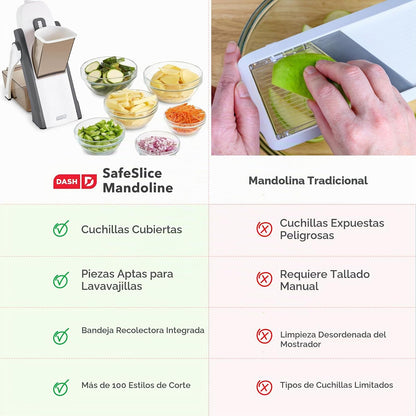 DASH Safe Slice® Cortador de Mandolina, Juliana y Dados para Verduras | 30+ Ajustes de Corte y Grosor | Contenedor y Cepillo Incluidos | Color Gris