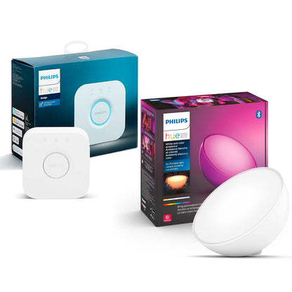 Philips Hue Go Lámpara de mesa (Bluetooth y Zigbee), color blanco + Bridge puente para sistema de iluminación controla con tu voz y conecta hasta 50 luminarios/accesorios inteligentes