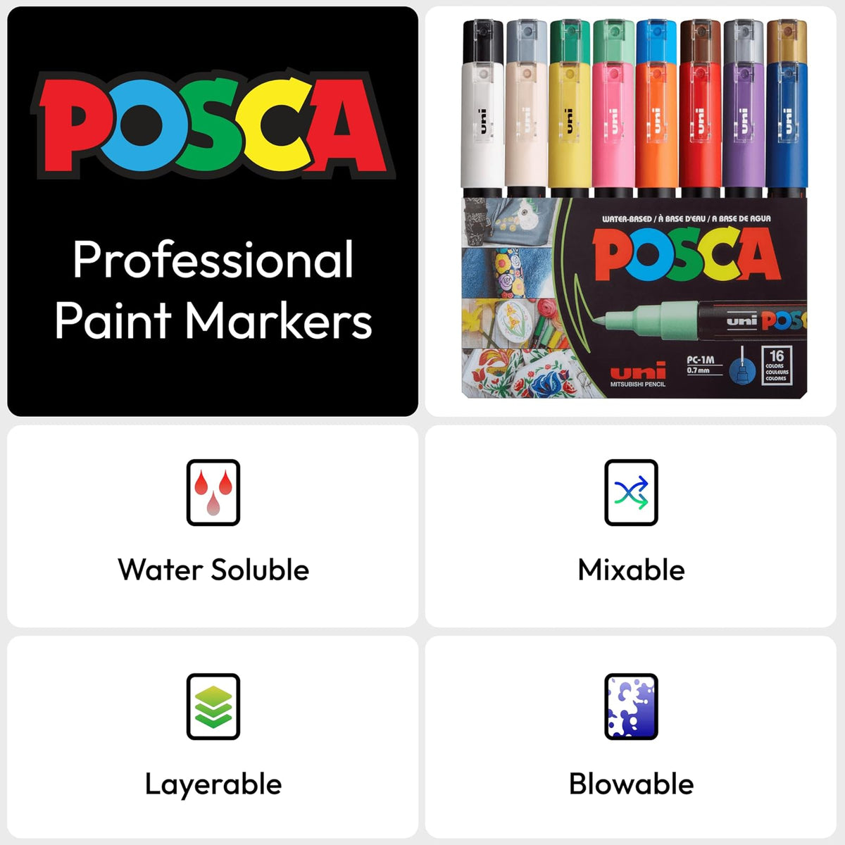 Posca PC-1M - Rotulador de pintura extrafino de 0,7 mm, 16 colores