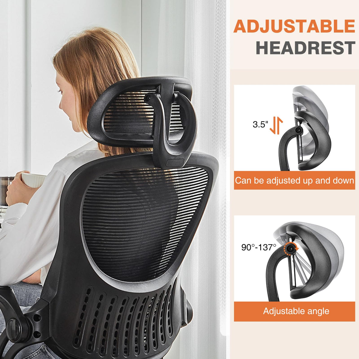 Sweetcrispy - Silla ejecutiva de Oficina en casa, Malla de Respaldo Alto con reposacabezas Ajustable, reposabrazos abatible, cómodo Soporte Lumbar, Brazos cómodos para recámara, Estudio, Estudiante