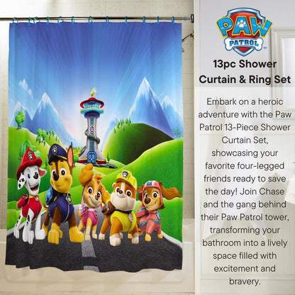 Franco Nickelodeon Paw Patrol - Juego de Cortina de Ducha y Anillo de 13 Piezas (Producto 100% con Licencia Oficial)