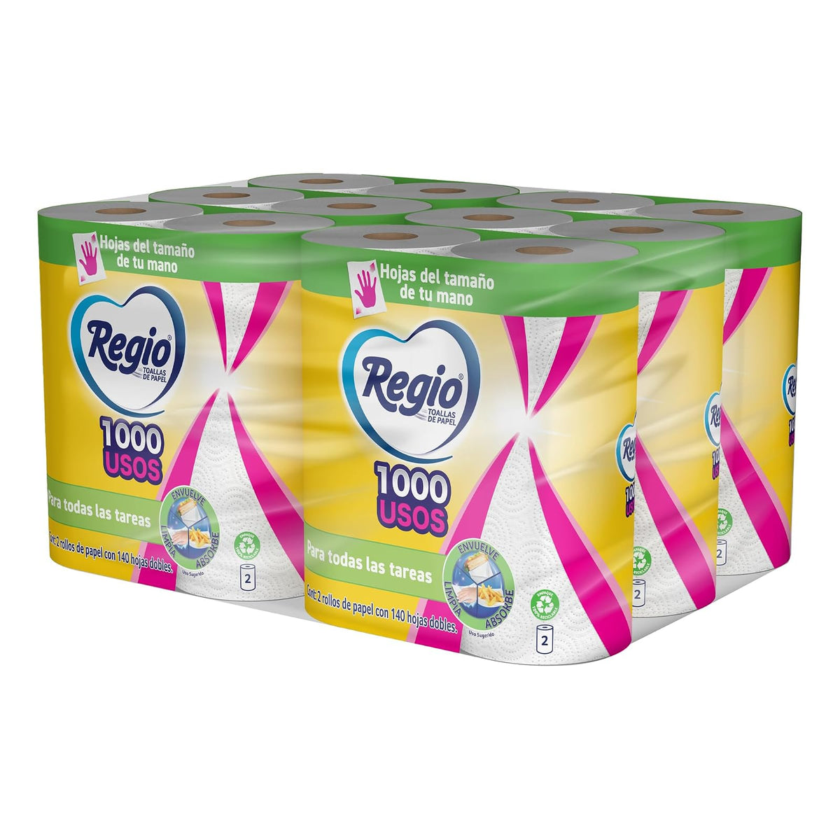 Regio Toalla de Papel 1000 Usos 12 Rollos De 140 hojas dobles c/u