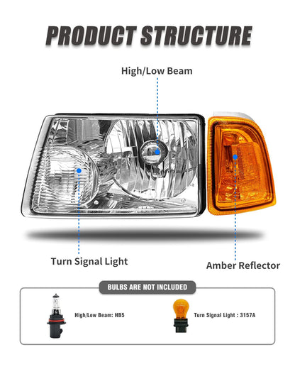 ADCARLIGHTS para Ford Ranger 2001, 2002, 2003, 2004, 2005, 2006, 2007, 2008, 2009, 2010, 2011 Conjunto de Faro Delantero con Lente Transparente Carcasa Cromada Reflector Ámbar Reemplazo de Faro