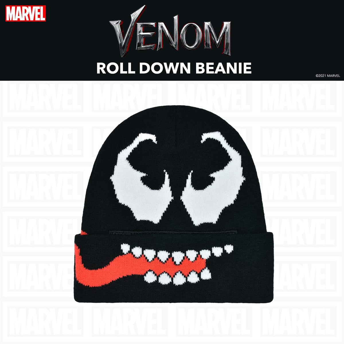 Marvel Venom Intarsia - Gorro Enrollable, Color Negro, Talla única, Negro -, One Size
