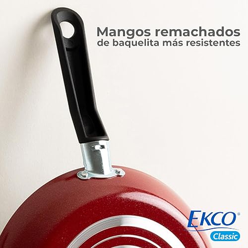 Ekco | Juego de Sartenes Classic 3 Piezas de Aluminio Antiadherente Rojo | Antiadherente Geothermic, Libre de PFOA, Cocción uniforme, Fácil limpieza, Calentamiento rápido, Mangos de baquelita