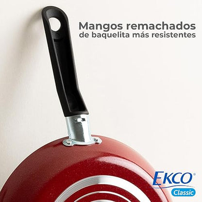 Ekco | Juego de Sartenes Classic 3 Piezas de Aluminio Antiadherente Rojo | Antiadherente Geothermic, Libre de PFOA, Cocción uniforme, Fácil limpieza, Calentamiento rápido, Mangos de baquelita