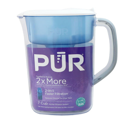 PUR - Jarra de agua de 7 tazas, 1 filtro original, limpiador, agua de gran sabor, apta para lavaplatos, potente, filtración más rápida, diseño de tapa LockFit, color blanco