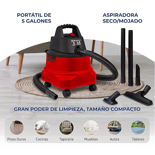 Koblenz SM-5 Aspiradora Seco Mojado 3 en 1 con Sistema de Expulsión de Aire, Devoradora con Capacidad de 5 Galones, Motor de 3.5 HP Pico, Aspiradora para Hogar y Taller, Aspira Agua y Vidrios