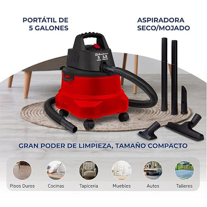 Koblenz SM-5 Aspiradora Seco Mojado 3 en 1 con Sistema de Expulsión de Aire, Devoradora con Capacidad de 5 Galones, Motor de 3.5 HP Pico, Aspiradora para Hogar y Taller, Aspira Agua y Vidrios