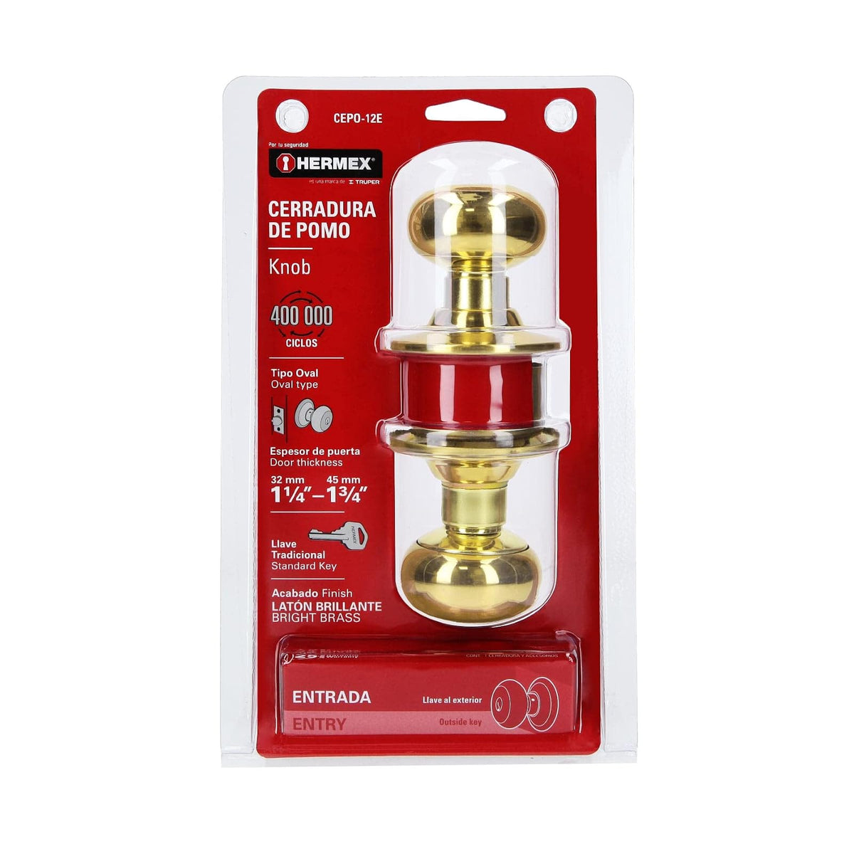 Hermex CEPO-12E, Cerradura de pomo tipo oval para entrada, mecanismo cilíndrico, latón brillante