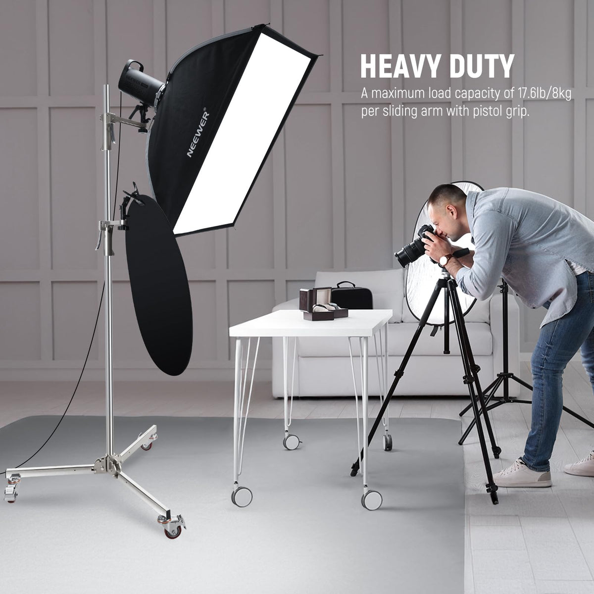 NEEWER - Soporte de luz de acero inoxidable de 198 cm, soporte de trípode resistente con ruedas giratorias, 2 brazos deslizantes con agarre de pistola, pata plegable para fotografía Softbox Monolight,