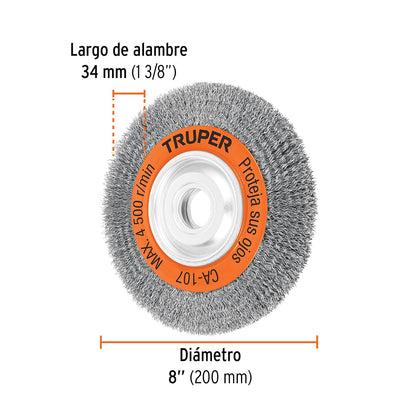 Truper CA-107, Carda alambre ondulado, 8 x 3/4" para esmeril