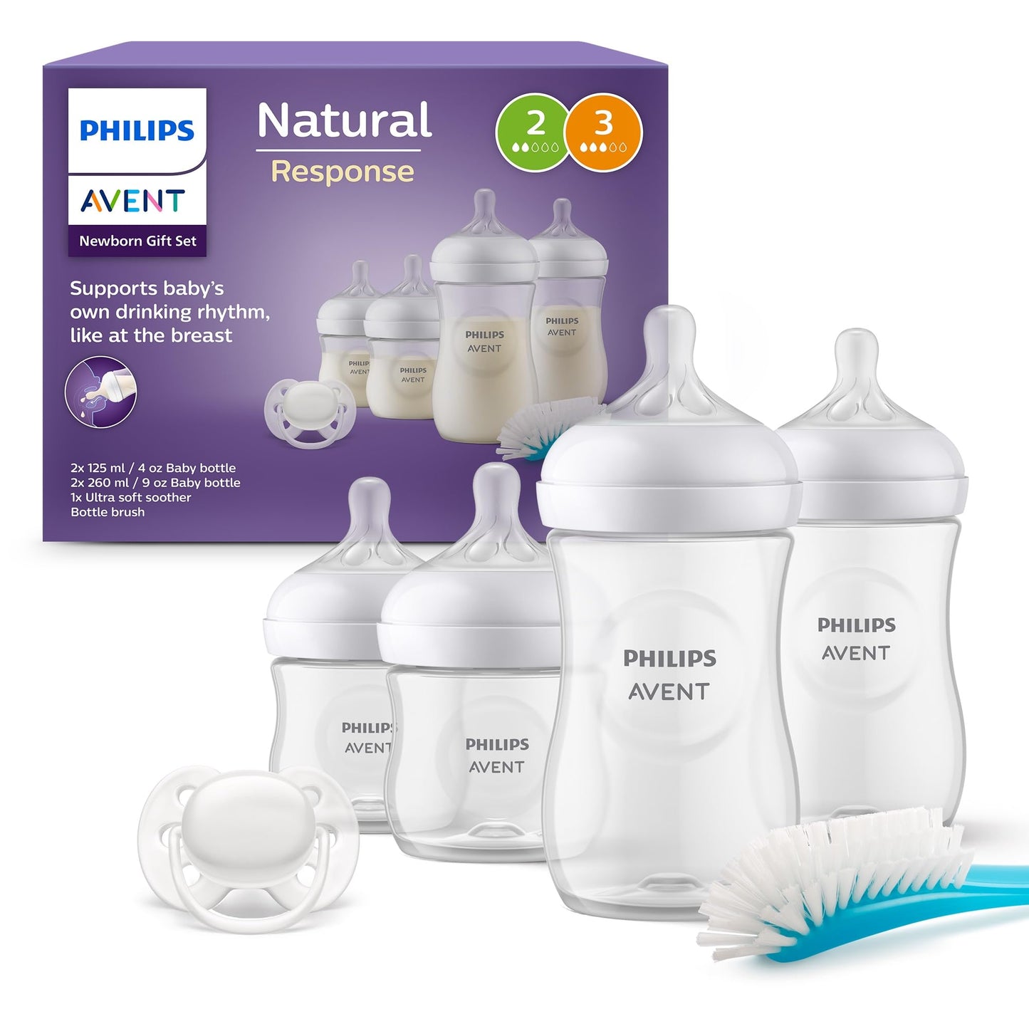 Philips Avent Set para Regalo Natural Response│Recién Nacido│2 biberones 4 oz/125 ml y 2 biberones 9 oz/260 ml, un chupón ultra soft y un cepillo limpiador│0 m+ | SCD838/11