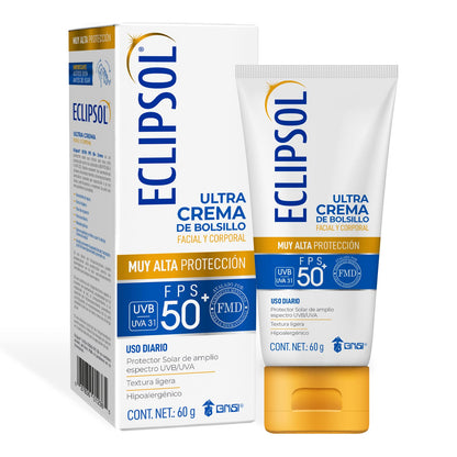 Eclipsol - Ultra Crema de Bolsillo, FPS 50+, Protector Solar Facial, 60 g | Hipoalergénico, textura ligera, resistente al agua, corporal, sin PABA ni parabenos, toda la familia desde 3 años