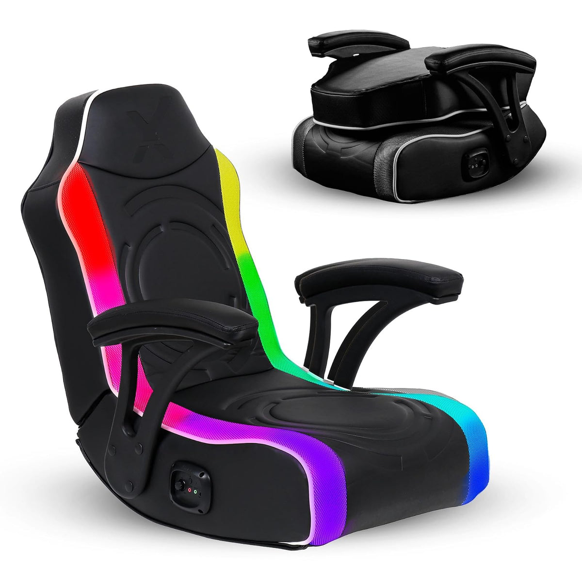 X Rocker Emerald RGB LED Silla mecedora para videojuegos de piso con reposacabezas altavoces, reposabrazos, plegable, piel vegano, 200 libras, máximo, exclusivo de , negro