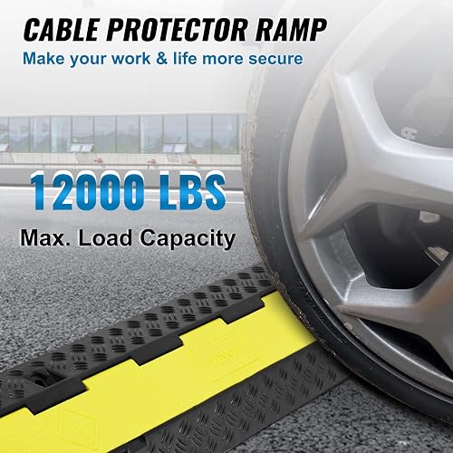 VEVOR 3 rampas protectoras de cable de goma, 2 canales, 12000 libras/capacidad del eje, cubierta de alambre de manguera resistente, rampa de entrada, golpe de velocidad de tráfico con cubierta superior abatible y cinta de advertencia de 50 pies, para inte