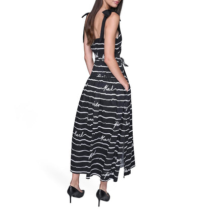 Karl Lagerfeld Cotton Sateen Printed Belted Midi Dress with Bow Tie Straps Vestido Informal Mujer