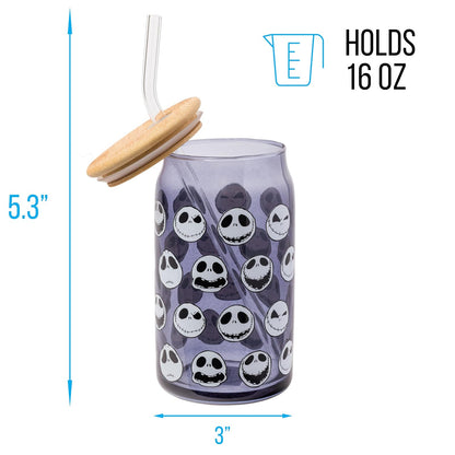 Silver Buffalo Disney Tim Burton Nightmare Before Christmas Jack Skellington Expressions - Vaso de vidrio gris con tapa de bambú y popote de vidrio, 16 onzas