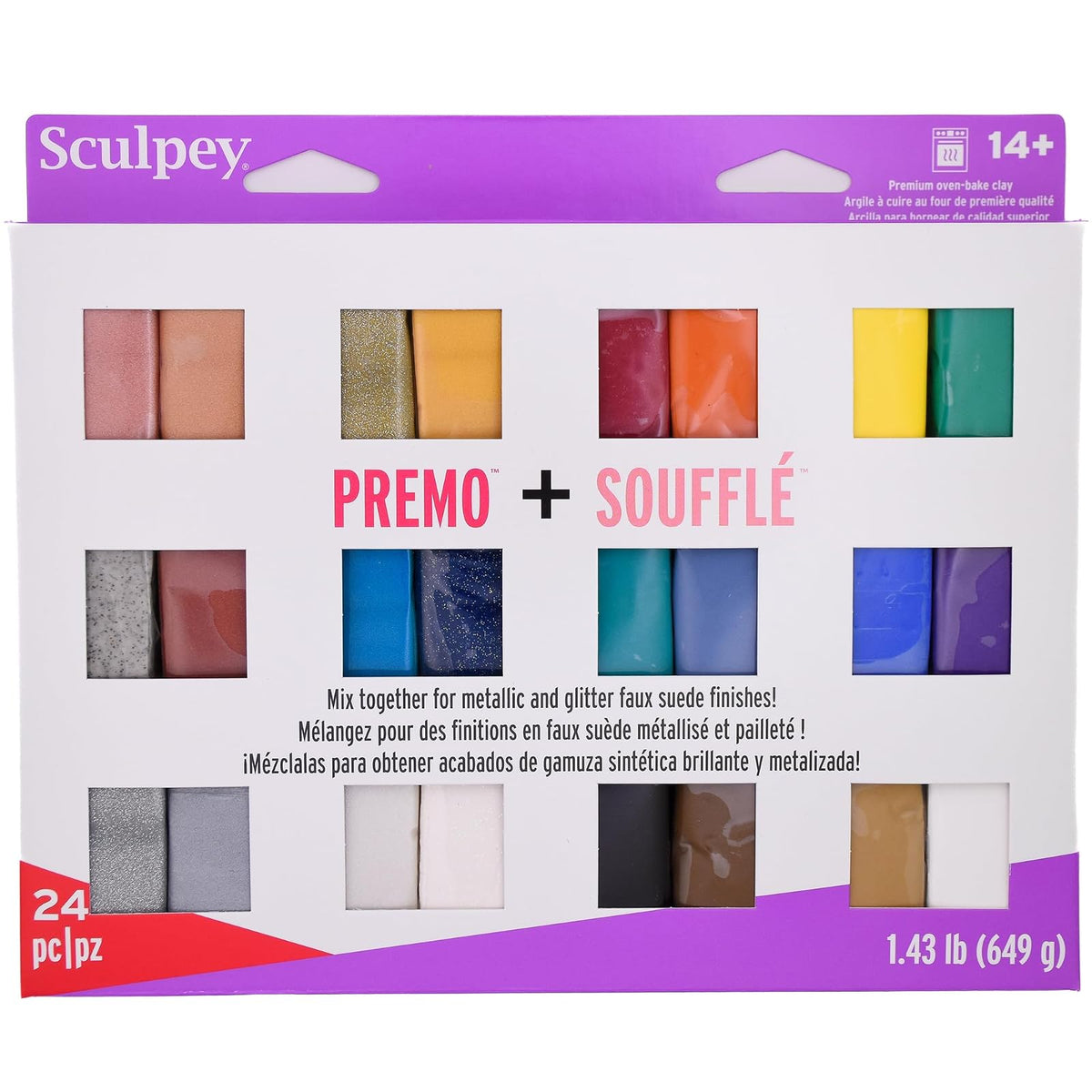 Sculpey Soufflé y Premo Arcilla de Polímero Para Horno 24 Colores | Juego de 24 piezas, 11.43 lbs, no tóxico, para joyería, DIY, medios mixtos