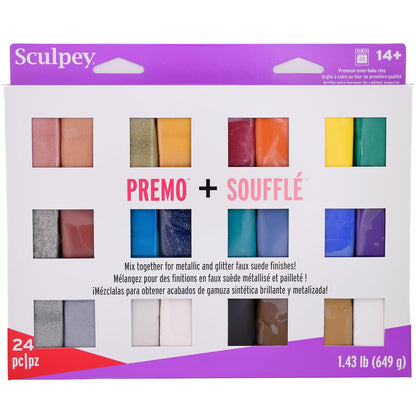 Sculpey Soufflé y Premo Arcilla de Polímero Para Horno 24 Colores | Juego de 24 piezas, 11.43 lbs, no tóxico, para joyería, DIY, medios mixtos