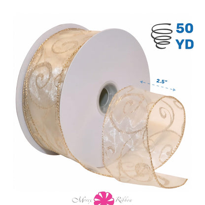 Morex Ribbon 7416.60/50-004 - Cinta de nailon transparente de 2.5 x 50 yardas, color marfil/dorado, cintas navideñas para manualidades y decoraciones de Navidad, cinta de Navidad para interiores para envolver regalos