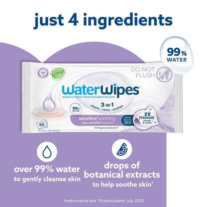 WATERWIPES, Toallitas Húmedas Soothing Clean, Calman y Limpian, 99% Agua, 6x60 Paquetes Incluidos.