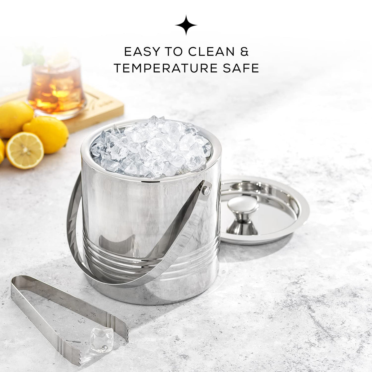 JoyJolt Cubo de Hielo de Pared Doble de Metal con Tapa, Pinzas para Hielo y Colador. Cubo de Hielo Aislado de 3L para Bar de Cócteles, Vino, Accesorios para Bar en Casa, Fiestas, Cubo de Champán