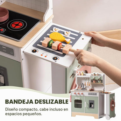 ROBUD Juego de Cocina de Madera para niños pequeños, Juego de Cocina con Parrilla para Barbacoa, máquina de Hielo, máquina de café y Accesorios, Regalo de Cocina de Juguete con Luces y Sonidos para