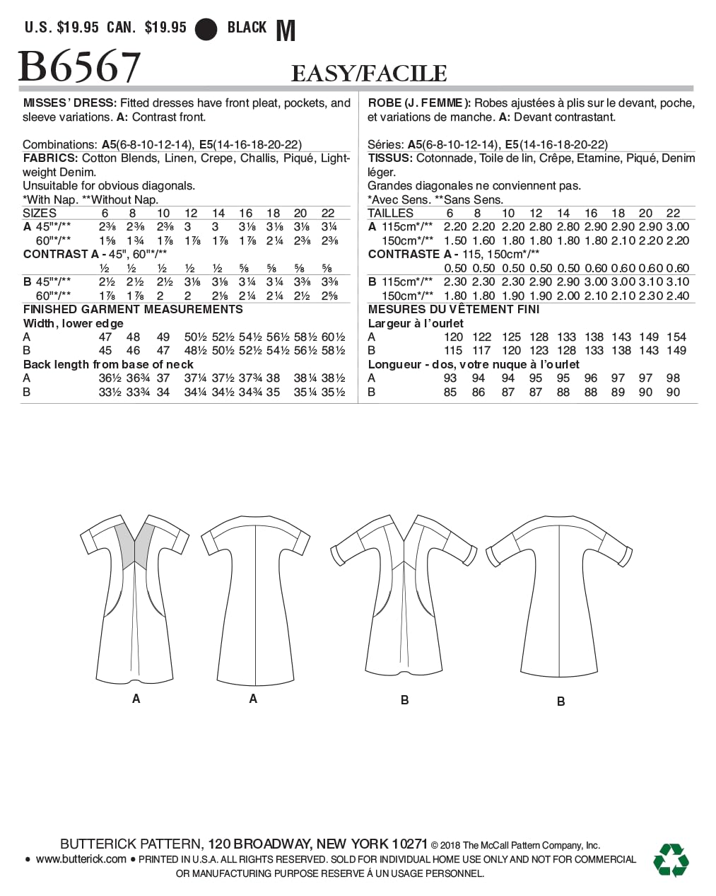 Butterick Patterns B6567E50 - Patrones de costura para vestidos de mujer (tallas 42-46)