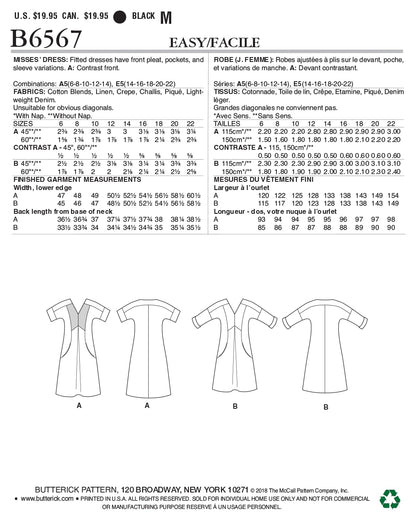 Butterick Patterns B6567E50 - Patrones de costura para vestidos de mujer (tallas 42-46)