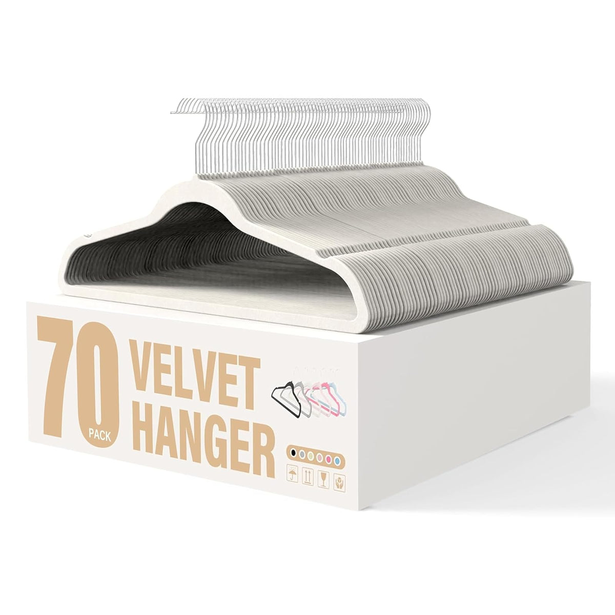 YSSOA - Juego de 70 Perchas de Terciopelo Antideslizantes con Muescas en los Hombros, Ganchos giratorios de 360°, Colgador estándar Resistente para Ahorrar Espacio en el clóset, Color Blanco