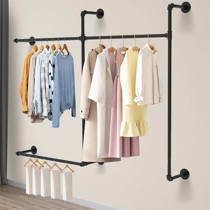 FAHKNS Perchero Industrial con 3 Varillas Colgantes | Soporte pared, tubo grueso, carga 200 lb, recámara, lavadero, clóset