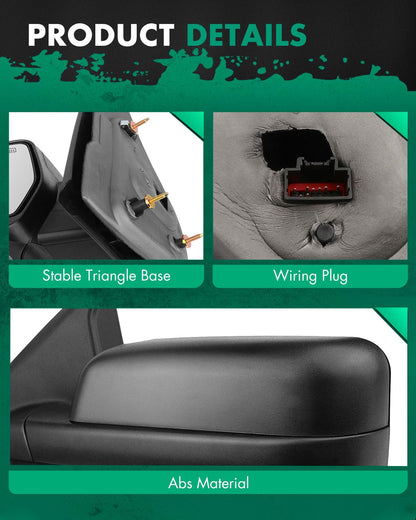 SCITOO Compatible con Ford F150 espejo de remolque reflector con luces de charco, espejo retrovisor negro compatible con Ford F150 2004-2014 para Ford F150 con señal de giro, control de potencia calentado, plegado manual (lado del conductor)