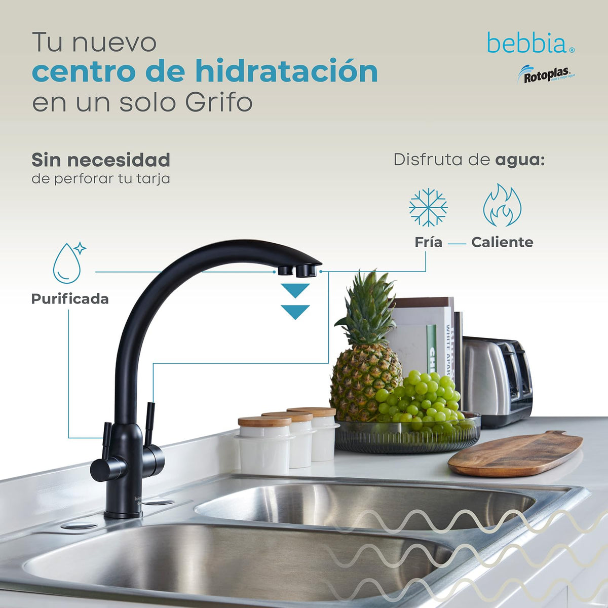 Rotoplas Bebbia Grifo 3 Vías Negro Mate Arco | Agua fría, caliente y purificada, acero inoxidable, conductos separados