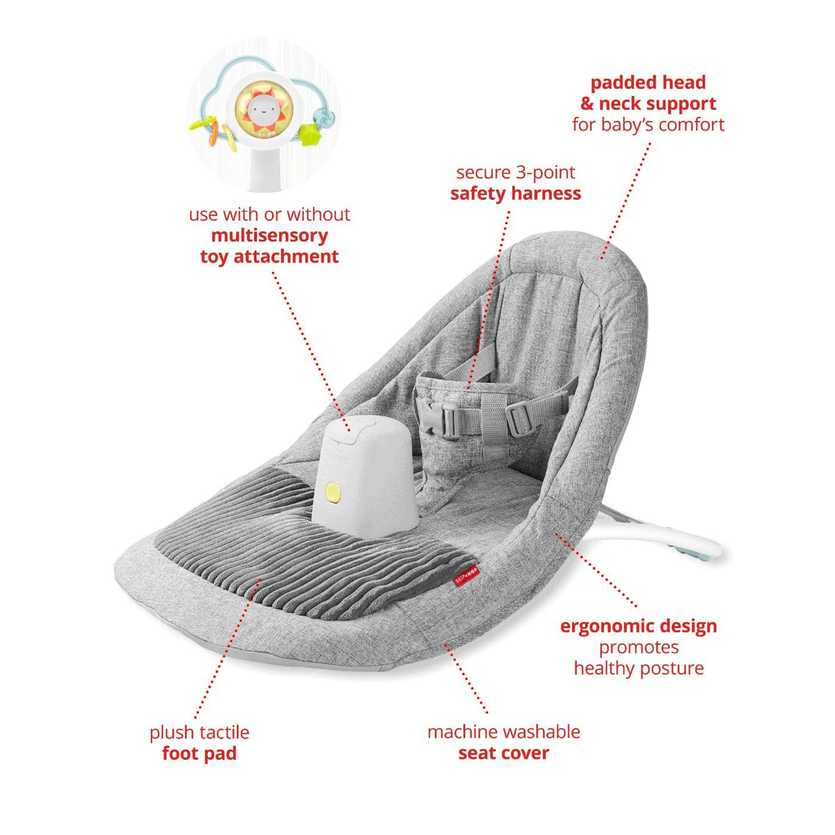 Skip Hop - Asiento ergonómico para bebé para sentarse en posición vertical, ligero y fácil de viajar, forro plateado gris nube edad 0+
