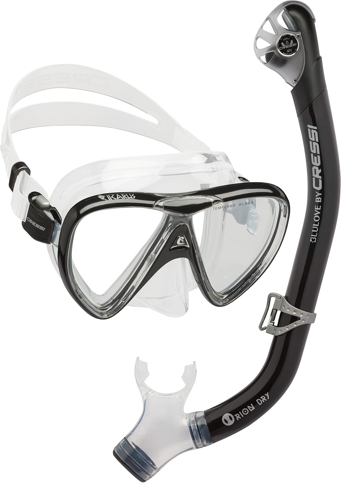 Cressi Kit de Esnórquel Ikarus y Orion Dry para Adultos - Negro - Transparente - Orion Dry