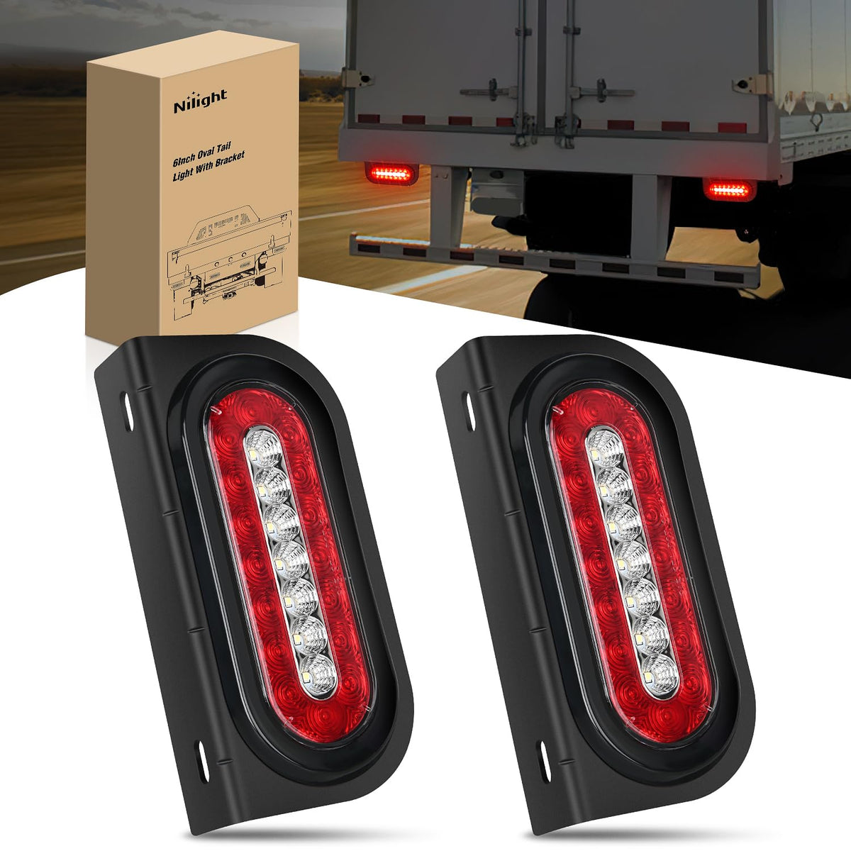 Nilight - Luz trasera ovalada de 6 pulgadas, 2 piezas de parada de freno rojas, luces de marcha atrás, color blanco, con ojales de montaje empotrados, soportes de montaje para portaequipajes de