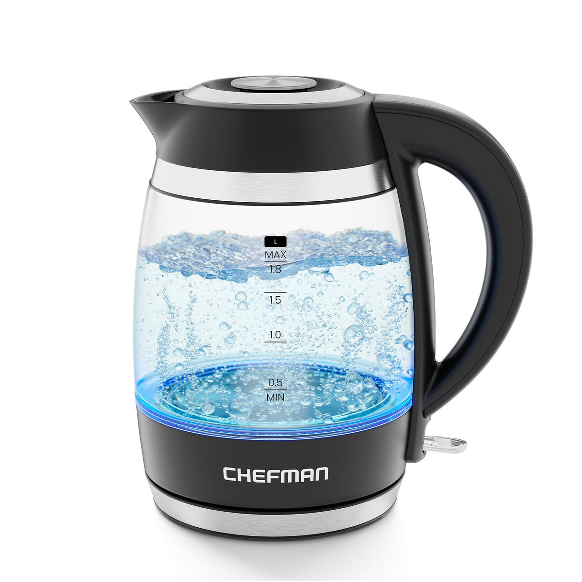Chefman - Hervidor Eléctrico de Vidrio 1.8 L, 1500 W, con Infusor de Té - Negro
