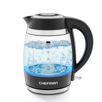 Chefman - Hervidor Eléctrico de Vidrio 1.8 L, 1500 W, con Infusor de Té - Negro