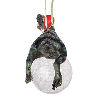 Design Toscano Blitzer The T Rex - Adorno para árbol de Navidad, 5 Pulgadas de Largo, Resina de Piedra fundida con Bola de Vidrio, Acabado Verde con Purpurina