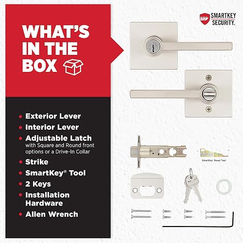 Kwikset Halifax - Manija de puerta de entrada con cerradura y llave, palanca reversible con llave segura, exterior, para entrada frontal y dormitorios, níquel satinado, seguridad Smartkey Rekey y