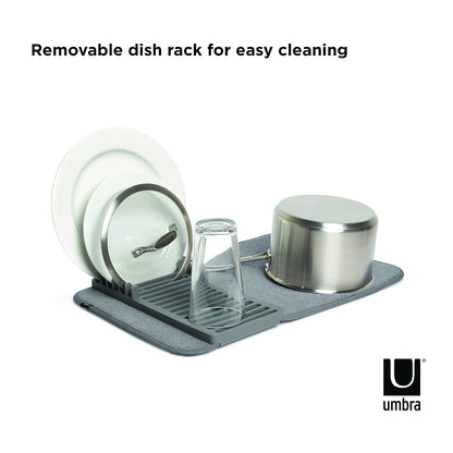 Umbra Udry Escurridor de platos y tapete de secado de microfibra: diseño que ahorra espacio, se pliega para facilitar su almacenamiento, Escurridor mini, Gris