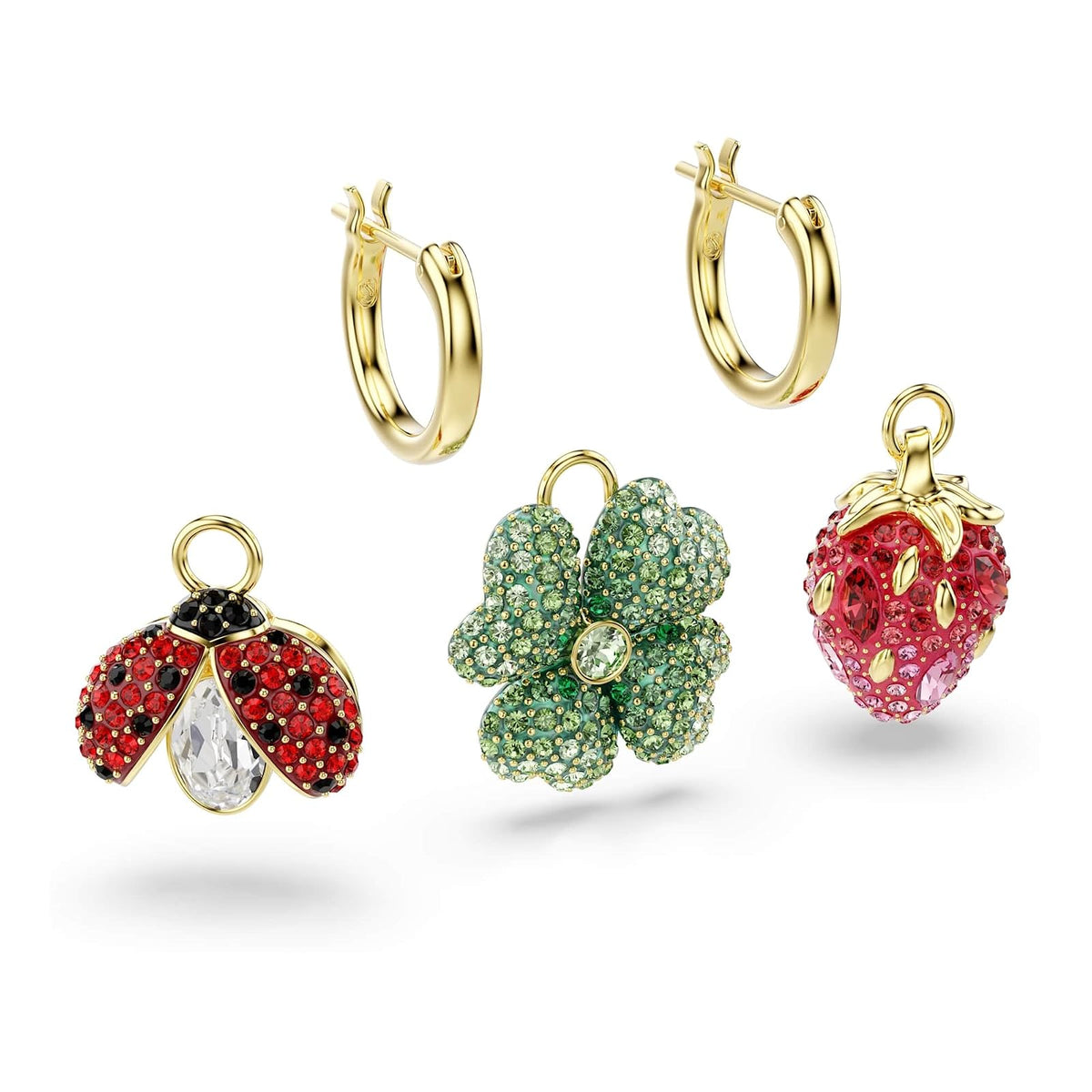 Swarovski Idyllia - arete colgantes (3), catarina, trébol, fresa, multicolor, baño dorado