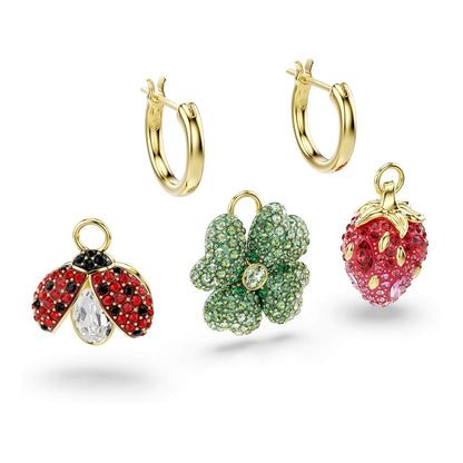 Swarovski Idyllia - arete colgantes (3), catarina, trébol, fresa, multicolor, baño dorado