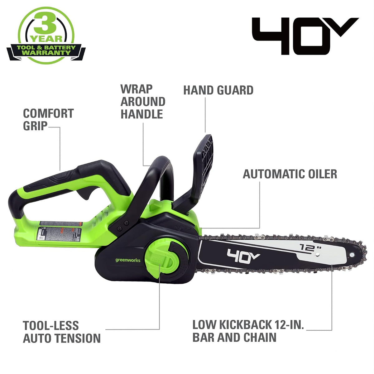Greenworks Motosierra de 40 V, 12 pulgadas, batería USB de 2.0 Ah y cargador