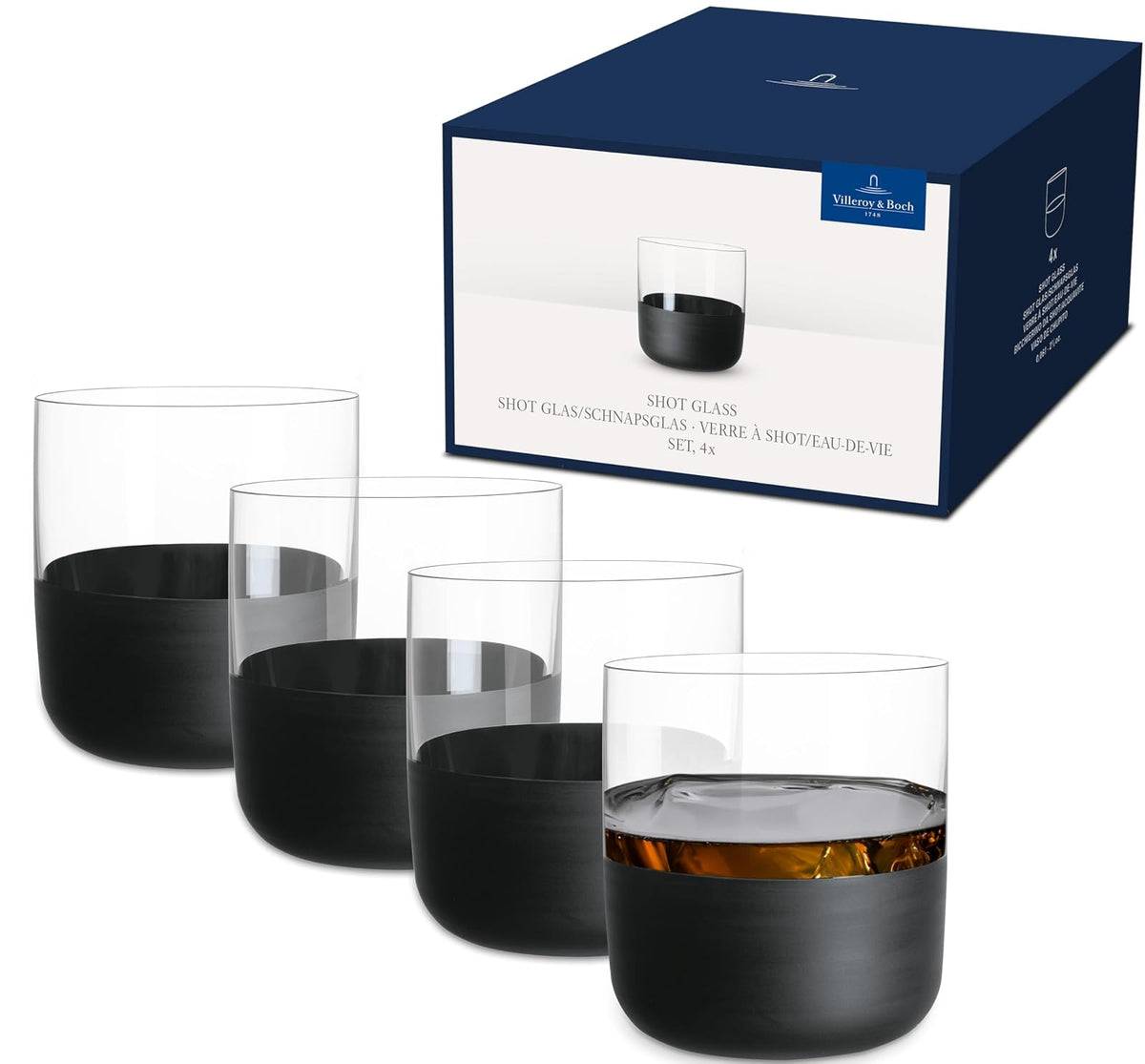 Villeroy & Boch - Manufacture Rock Juego de vasos de chupito y vaso de chupito, 4 unidades, vidrio con base negra mate, capacidad 40 ml