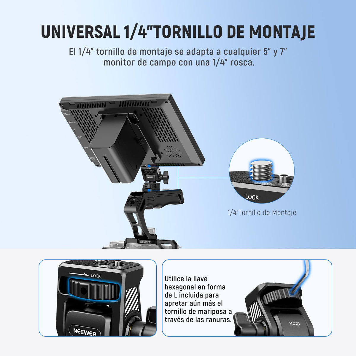 NEEWER Montaje de Monitor Campo Mejorado con Tornillo 1/4", Giro 360°, Inclinación 180°, Tornillo Antigiro Compatible con Atomos Ninja 5" y 7" Monitor de Cámara, Jaula para Cámara, MA021